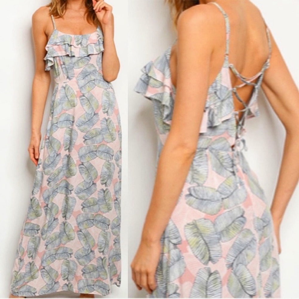 NEW! Tropical lace up back Maxi Dress long leaf Vacationcore